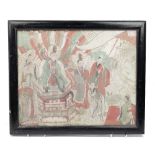 A Chinese painted rectangular panel, probably 19th century, depicting figures in an interior,
