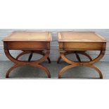 A pair of mahogany square low tables, with 'X' frame supports, 61cm wide x 52cm high.