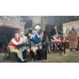 Follower of Edgar Bundy, Gossip in the ale house, oil on canvas, 39cm x 66cm.