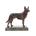 An Austrian cold painted bronze Alsation, early 20th century, mounted on a verdigris marble plinth,