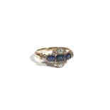 An 18ct gold, sapphire and diamond-set dress ring, set with three oval-cut sapphires,
