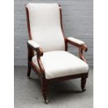A William IV mahogany reclining open armchair, on lappet carved supports, 66cm wide x 112cm high.