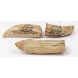 Three scrimshaw whale's teeth, circa 1865, each with later decoration, the longest 13cm, (3).