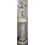 A 19th century style plaster figural sculpture on a fluted pedestal detailed to the rear,