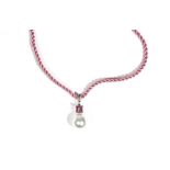 A white gold, pink tourmaline, diamond and cultured pearl pendant necklace by Autore,