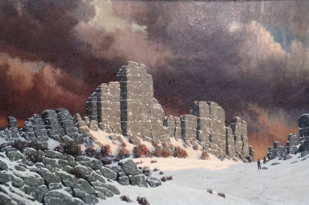 Thomas Adolphus Falcon (1872-1944), Figures by a Tor in winter, oil on asbestos board (sealed),