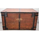 An early 20th century iron bound teak zinc lined travelling chest, 110cm wide x 62cm high.