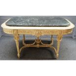 An 18th century French style marble topped gilt centre table on fluted supports united by urn