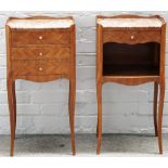 Two Louis XV style marble top bedside tables, one with a drawer and recess,