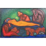 Continental School (20th century), Reclining figure with attendants and horse, oil on panel,