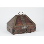 An 18th century Indo French brass mounted hardwood casket, 27cm wide x 19cm high.