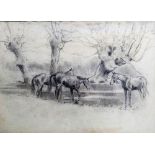 English school (20th century), Horses in a landscape; Horse, foal and groom, a pair, pencil,