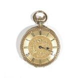 A gold cased, keyless wind, openfaced lady's fob watch, with a gilt jewelled movement,