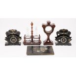 A pair of Victorian papier mache letter racks with mother-of-pearl inlay, 20cm high,