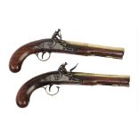 A pair of Ketland and Co flintlock pistols, early 19th century, the brass barrels, 20.