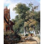 Norwich School (19th century), Sheep and shepherd in a country lane, oil on panel, 30cm x 24cm.