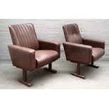 A pair of mid-20th century cinema square back chairs on box metal supports, 65cm wide x 79cm high.