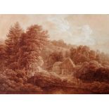 German School (c.1800), A cottage in a wooded landscape, sepia watercolour, unframed, 38cm x 51.5cm.