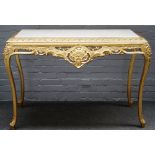 An 18th century style marble top console on carved gilt base, 130cm wide x 87cm high.