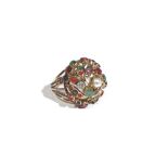 An Asian gold, cultured pearl and varicoloured gem-set raised cluster ring,