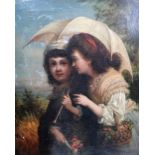 Robert Antoine Muller (c.1821-1883), Gossip under the parasol, oil on canvas, signed, 37cm x 30cm.