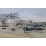 D** H** (20th/21st century), Fishing village with beached boats at low tide, watercolour,