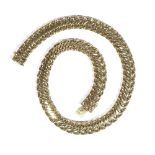 A gold collar necklace, of interlinking design, to a concealed box and tongue clasp,