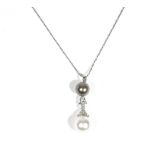 An 18ct white gold, black cultured pearl and diamond-set pendant necklace,