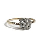 A gold and diamond-set dress ring of square cluster design, collet set with cushion cut diamonds,