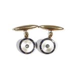 A pair of gold, diamond set, blue enamelled and mother-of-pearl cufflinks,
