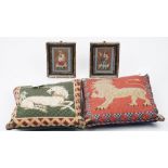 Two woolwork cushions depicting a unicorn and a lion, 40cm x 40cm,