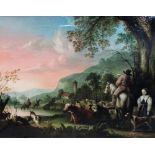 Continental School (18th/19th century), Landscape with horsemen and cattle at the edge of a lake,
