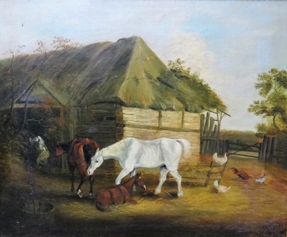 Follower of John Frederick Herring, Farmyard scene, oil on canvas, indistinctly signed, 37.