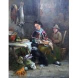 English School (19th century), Figures in a cottage interior with vegetables and game,