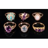 A collection of six 9ct gold and gem-set