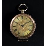 A late 19th century circular cased fob watch, detailed 18k, later adapted as a wrist watch,