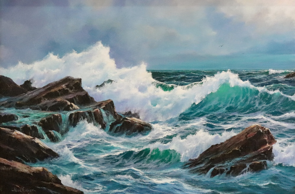 Peter Cosslett (b. 1927), Breakers on the rocks, signed, oil on canvas, 50.5 x 75.5cm. ARR.