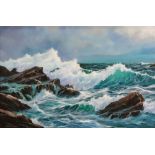 Peter Cosslett (b. 1927), Breakers on the rocks, signed, oil on canvas, 50.5 x 75.5cm. ARR.