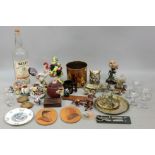 A collection of decorative brasswares including a Benares jardiniere, decorative ceramics,