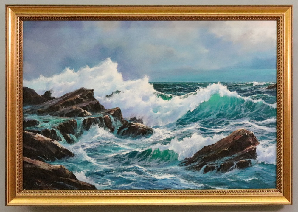 Peter Cosslett (b. 1927), Breakers on the rocks, signed, oil on canvas, 50.5 x 75.5cm. ARR. - Image 2 of 2