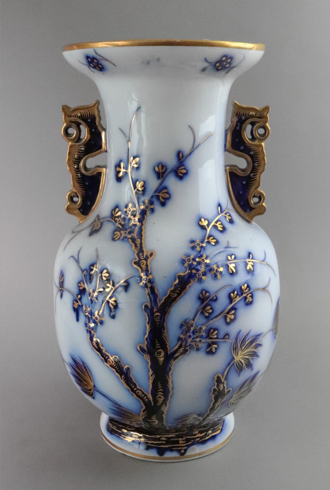 A Victorian two handled flow blue baluster vase,