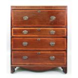 A George III mahogany satinwood crossbanded boxwood and ebony strung secretaire, later cut in two,