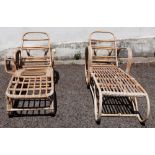A pair of vintage rattan loungers, with adjustable backs, on wheels, 175cm wide,
