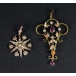 An Edwardian amethyst and seed pearl set pendant, detailed 9ct, of foliate design, 5cm,