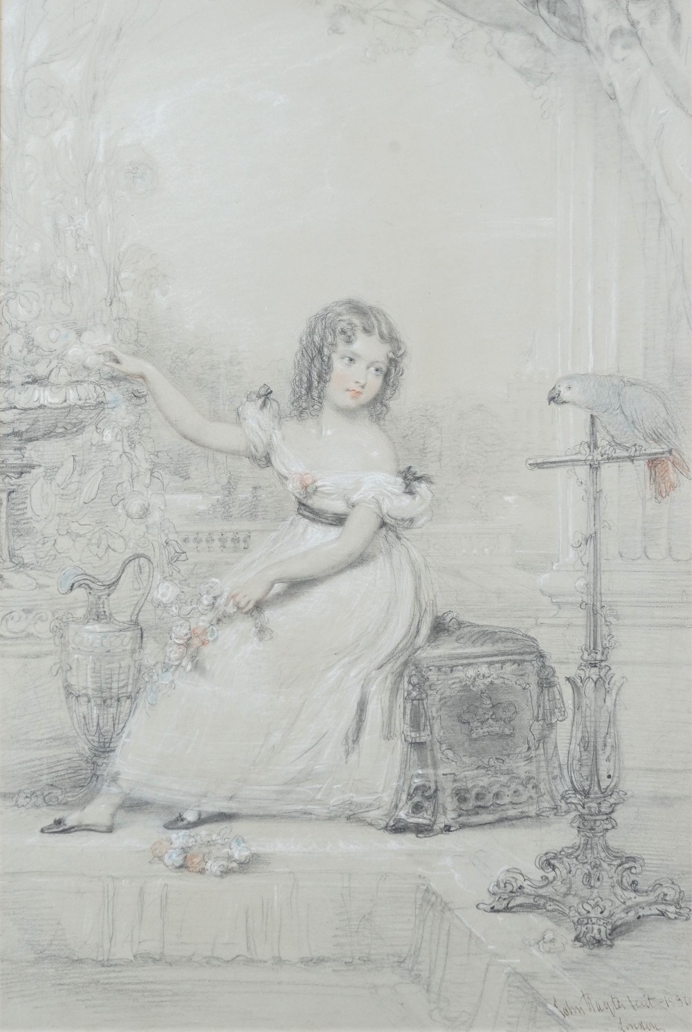 John Hayter (British, 1800 - 1895), Portrait of a girl, seated on a terrace with a parrot, pencil,