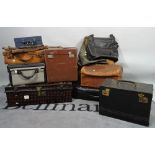 A quantity of mostly early 20th century travelling cases and bags, largest 68cm wide x 25cm high.