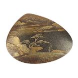 A Japanese gold lacquer kogo (incense container), of shell form, decorated with a river landscape,