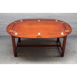 A George III style drop flap mahogany butler's tray on stand, 101cm wide x 64cm high.