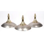 A set of three gilt metal and chrome wall mounted up-lighters of dished demi-lune form with fluted