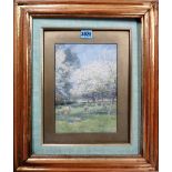 A group of five assorted pictures, including a watercolour of sheep in an orchard, signed A.